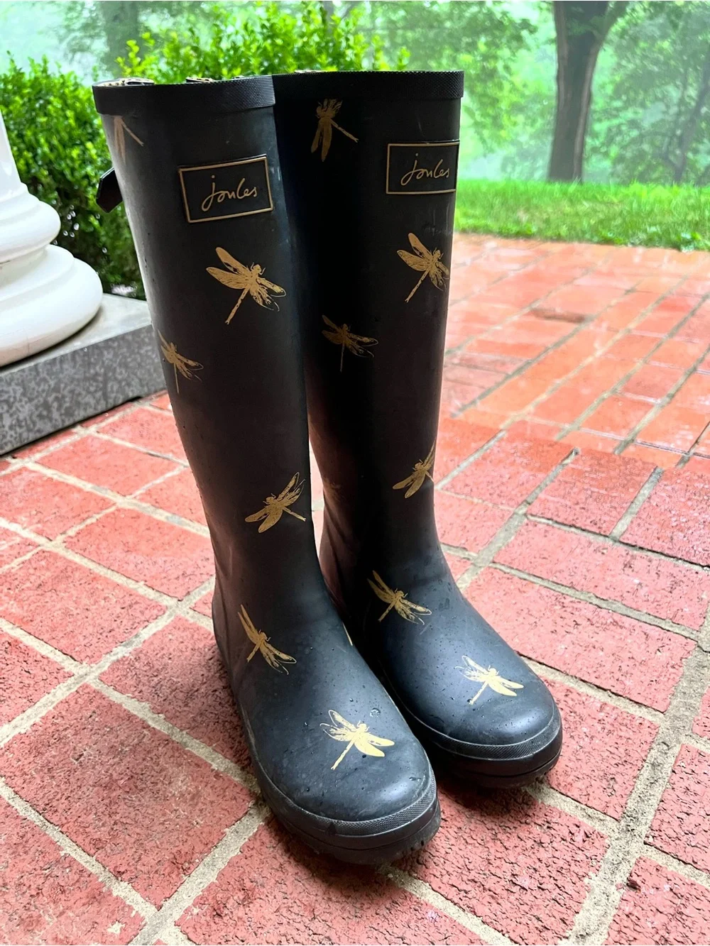 Joules Women’s Welly Black Rain boots with Gold Dragonflies size 9